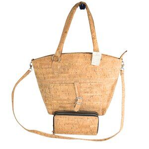 Large Natural Cork NWT Zip Tote Crossbody & Matching Wallet Made In Portugal